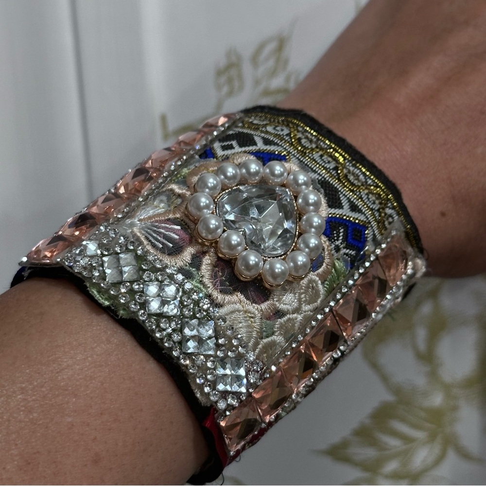 RUBYRUDI Cuff Bracelet Handcrafted OOAK Fabric Embellished Artisan Wearable Art - Picture 10 of 15